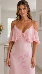 Close-up of blush pink V-neck ruffle bodice and floral detail