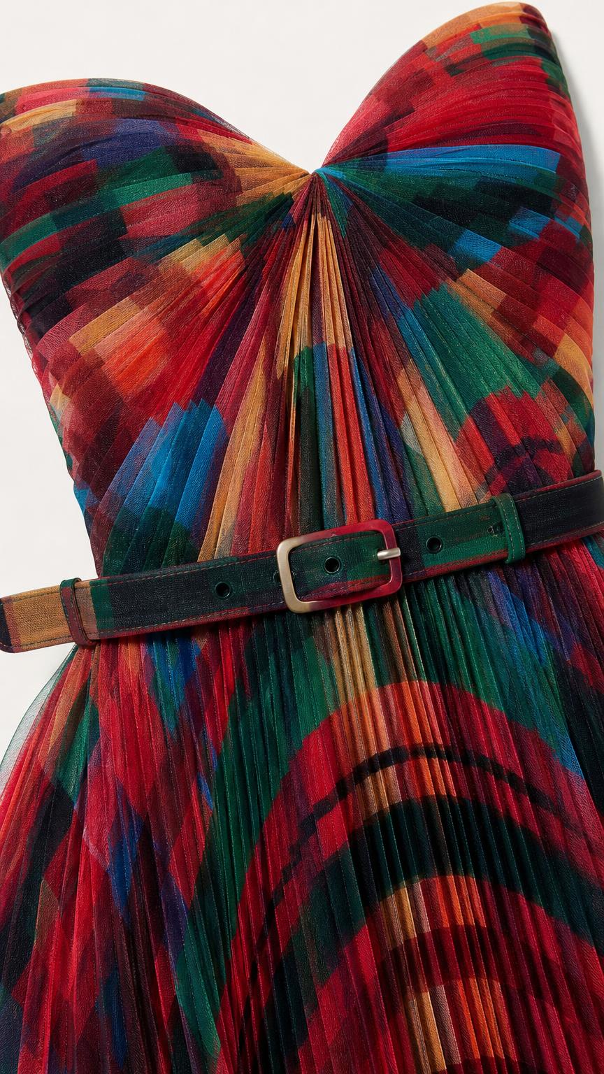 Close-up detail of the pleated sweetheart bodice and waist belt