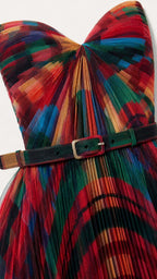 Close-up detail of the pleated sweetheart bodice and waist belt