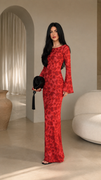 Front view of red floral bell sleeve floor-length dress