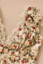 Close-up detail of lace trim and floral fabric pattern