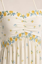 Close-up of ruched sweetheart neckline and floral print