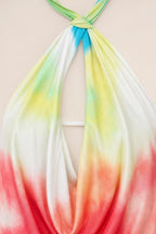 Close-up detail of halter neckline and keyhole cutout