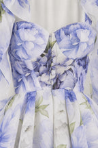 Close-up detail of the sweetheart neckline and floral print pattern
