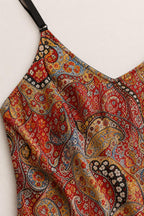 Close-up detail of Red Multi paisley fabric and strap