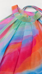 Close up of halter neckline and fabric print details