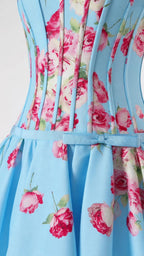 Close-up of bodice and floral pattern on light blue dress