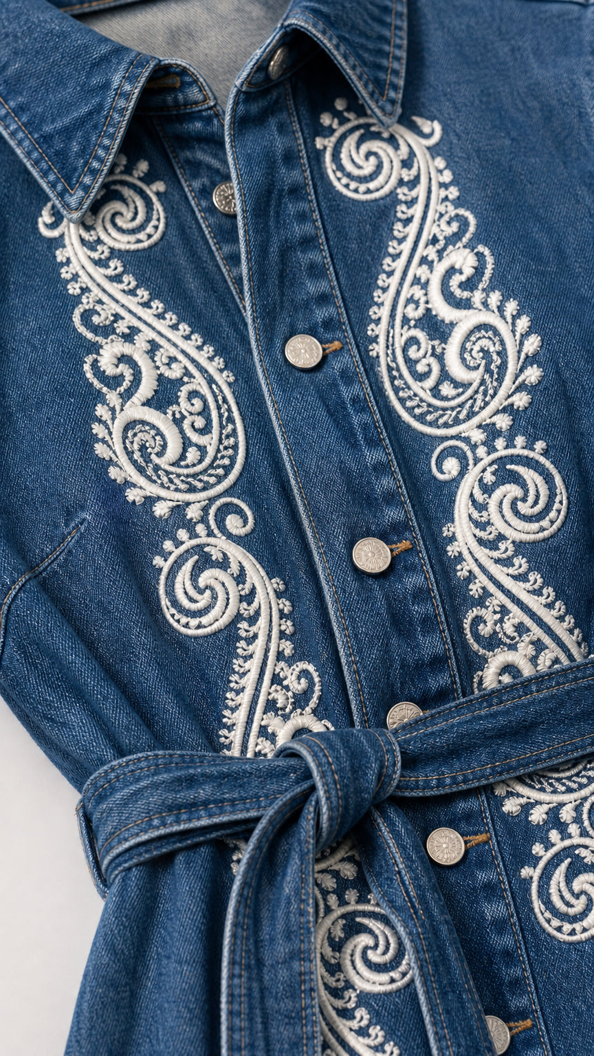 Close-up detail of front button placket and white embroidery