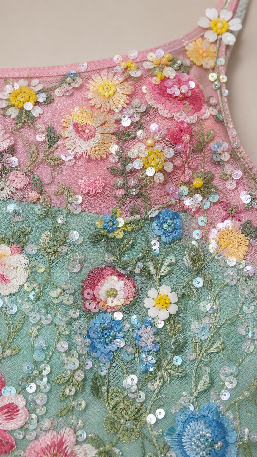 Close-up detail of multi-color floral embroidery and sequins on mint green mesh
