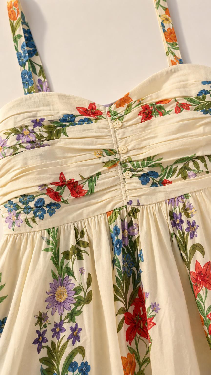 Close-up detail of sweetheart neckline and floral fabric