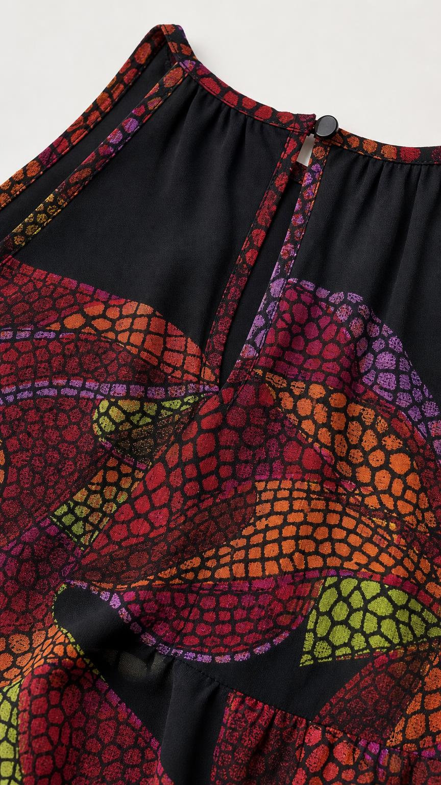 Close-up detail of the halter neckline and button closure