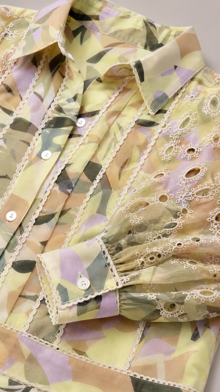 Close-up flat lay of Yellow Multi floral shirt showing lace trim and buttons