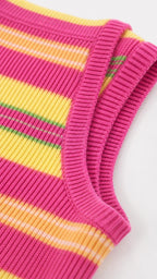 Close-up detail of ribbed trim and knit texture on pink striped top