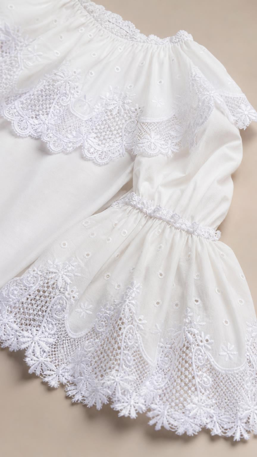 Close-up detail of white dress neckline, ruffles, and lace cuffs