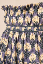 Close-up detail of smocked bodice and floral pattern