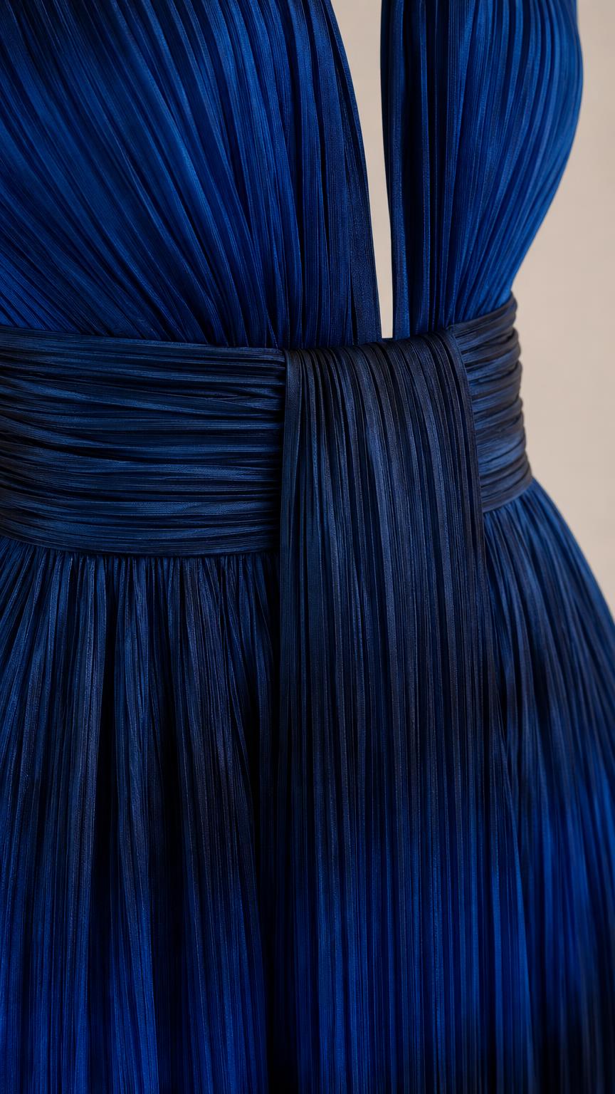 Close up of waist and pleating detail on blue ombre dress