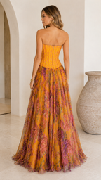 Marigold strapless corset floral maxi gown back view