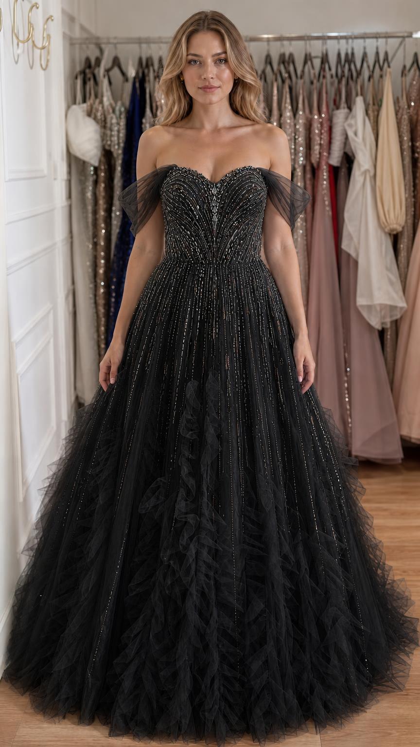 Front view of black off-shoulder embellished tulle ball gown