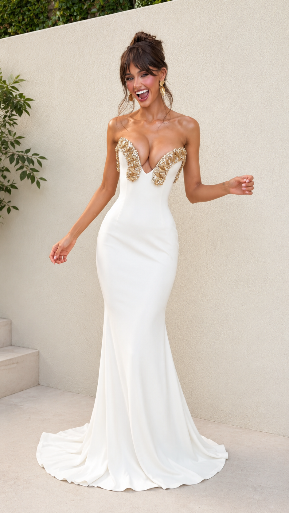 Front view of white strapless mermaid gown with gold embellished neckline