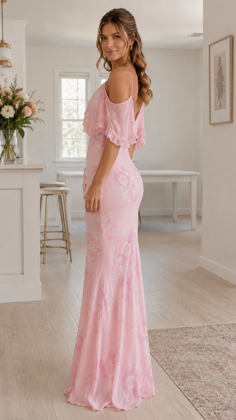 Side view of blush pink slim fit mermaid maxi dress