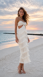 Ivory tiered fringe maxi dress styled with strappy heels at sunset