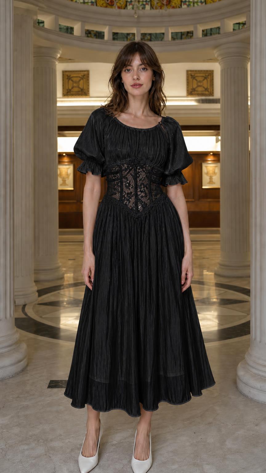Front view of black corset midi dress
