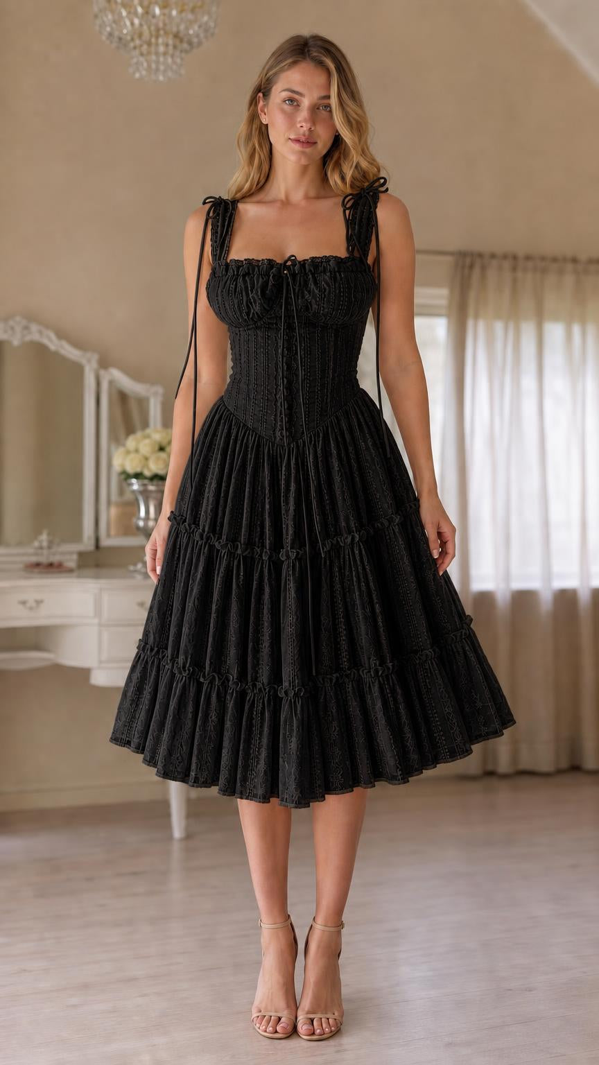 Front view of black corset tiered midi dress