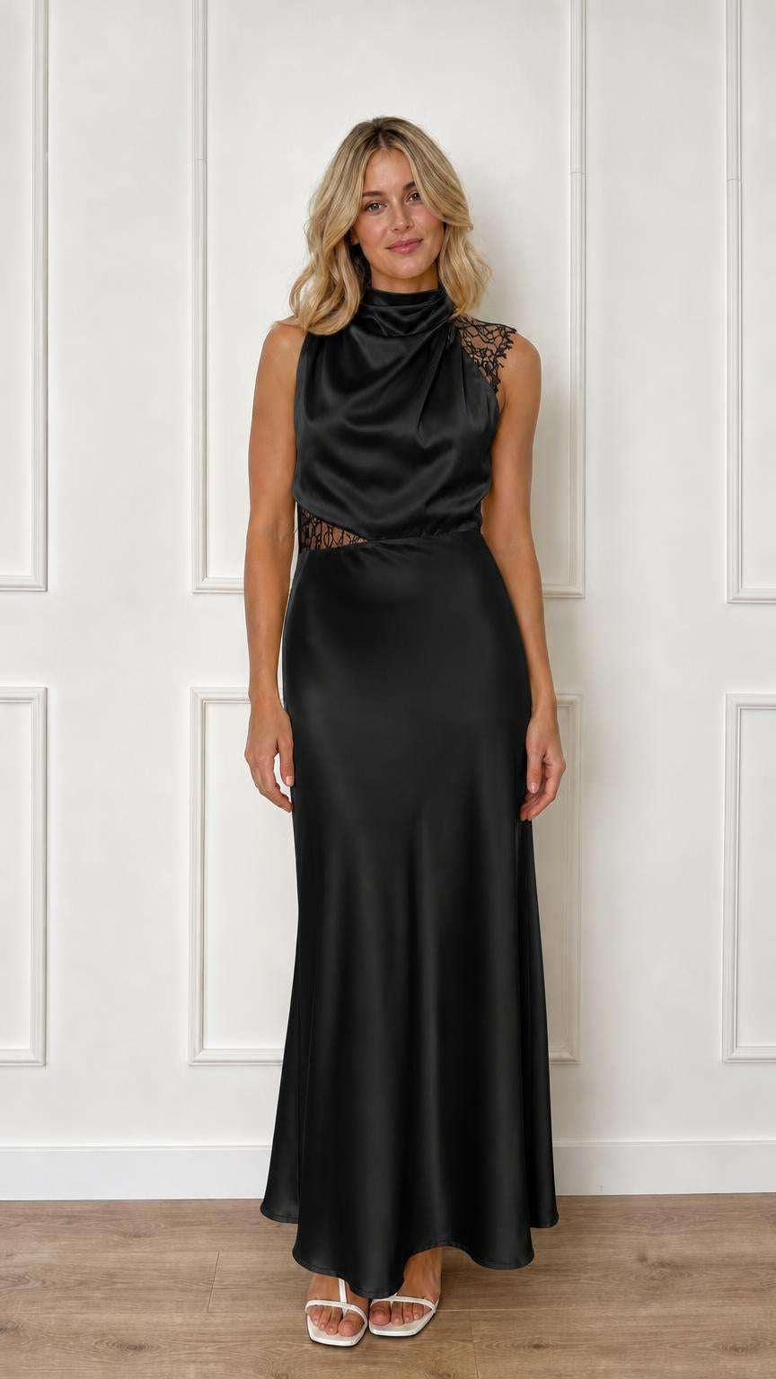 Front view of black satin maxi dress
