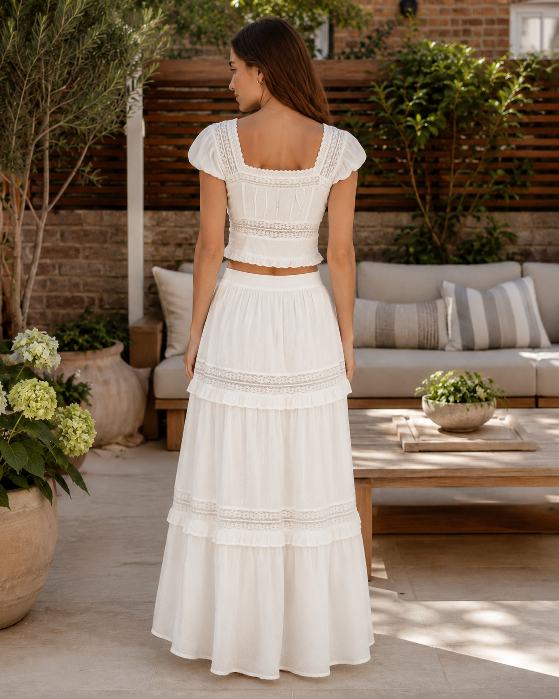 White lace-trim crop top and tiered maxi skirt back view