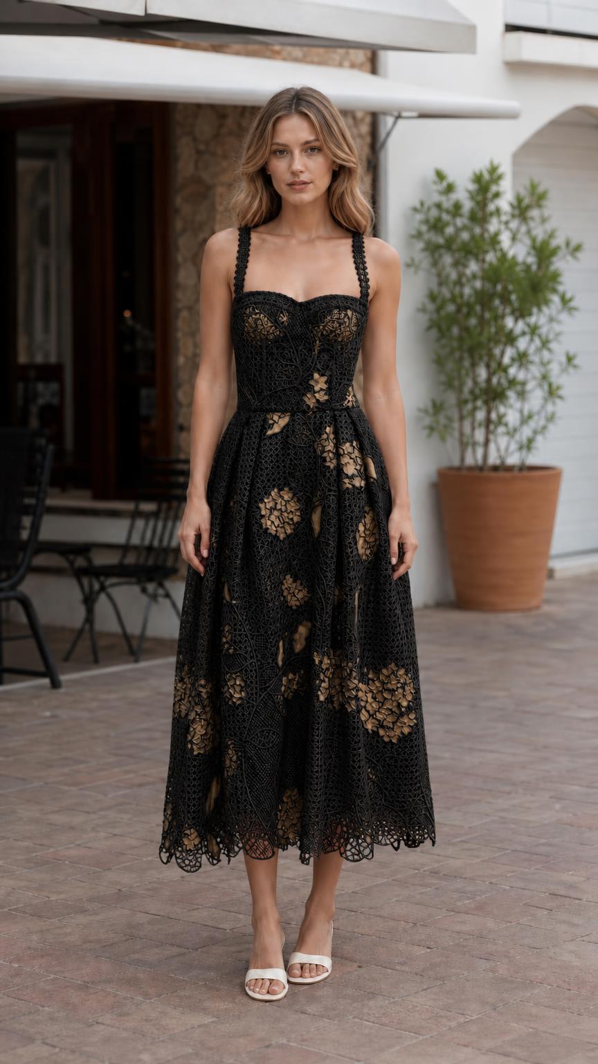 Front view of model wearing black floral lace midi dress