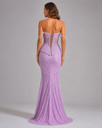 Back view of lilac mermaid evening gown with lace-up corset detail