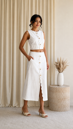 Angled front view of white sleeveless crop top and midi skirt set