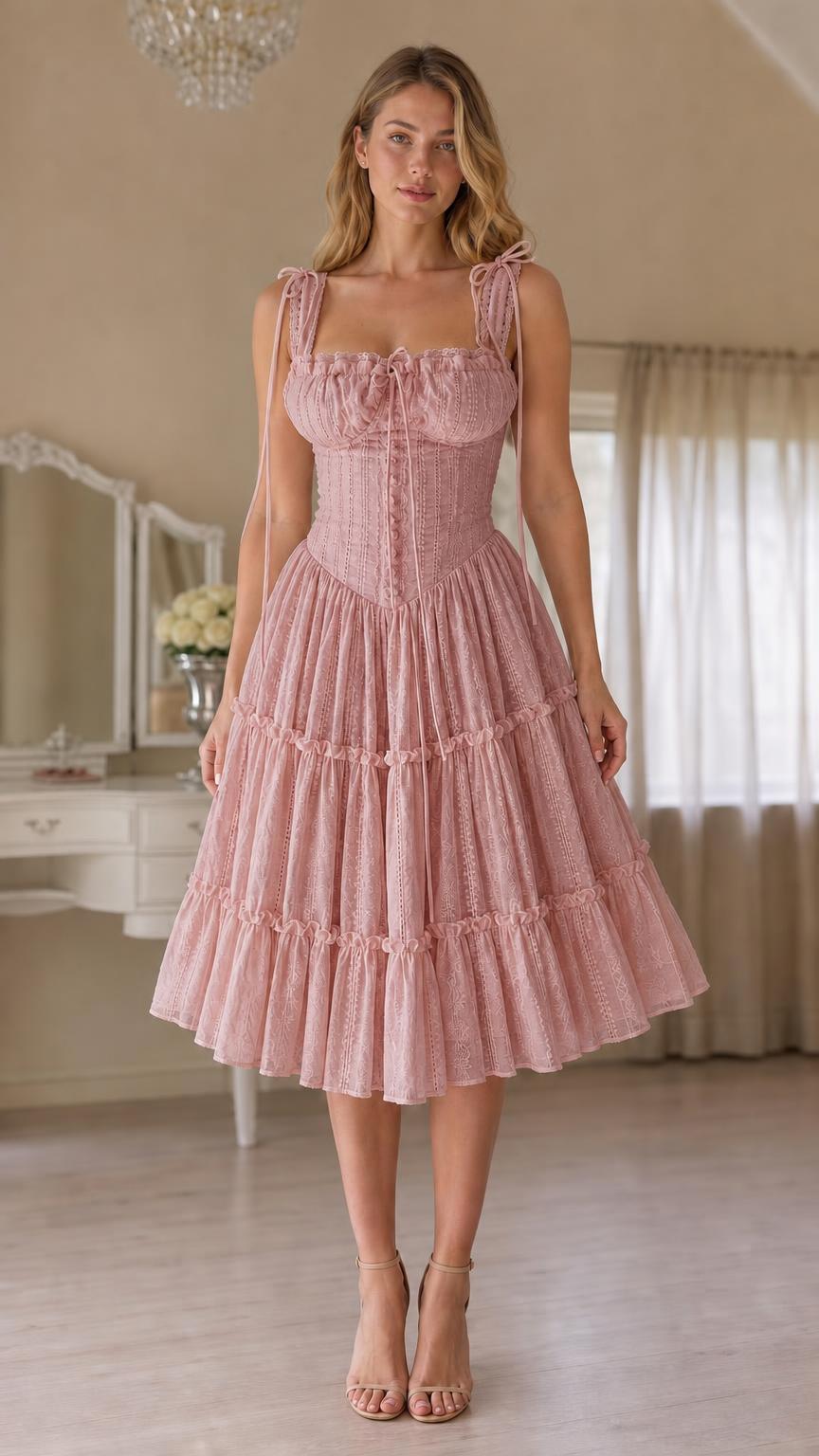 Front view of pink corset tiered midi dress