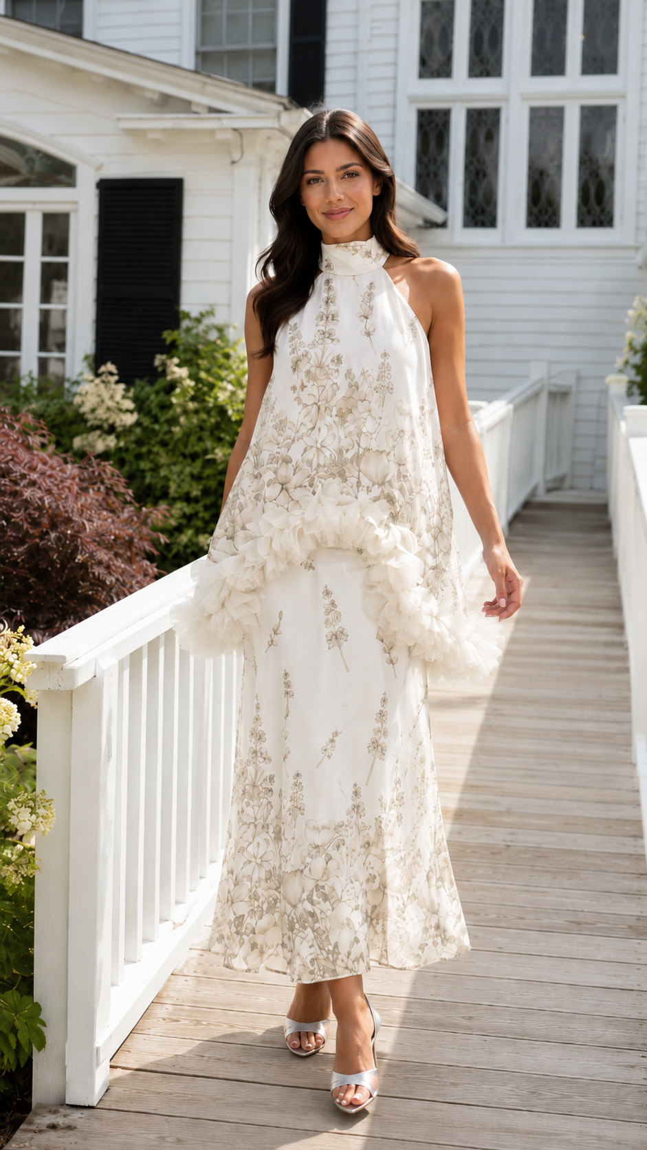 Ivory floral halter maxi dress with textured ruffle trim