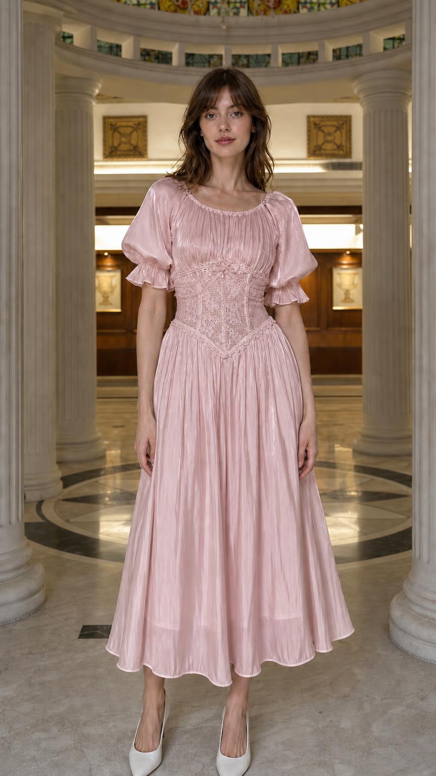 Front view of pink corset midi dress
