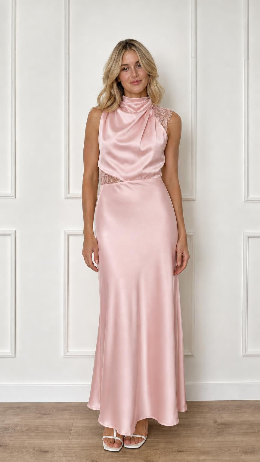 Front view of pink satin maxi dress