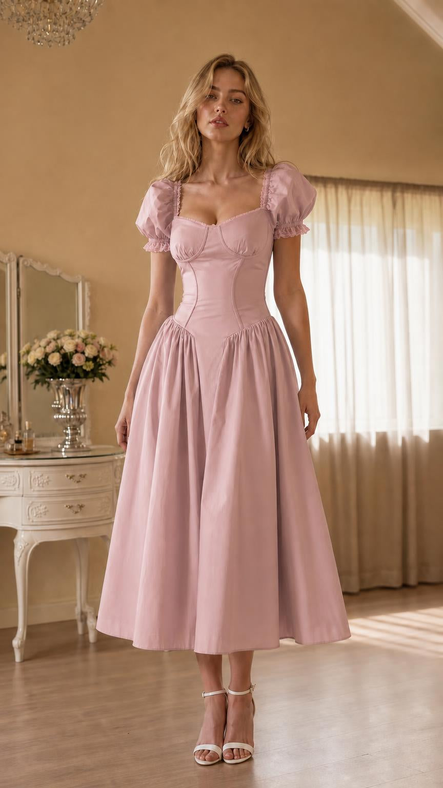 Front view of woman wearing pink vintage corset midi dress