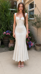 Front view of ivory textured sweetheart mermaid midi dress