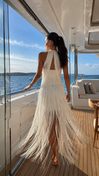 Ivory fringe halter maxi dress back view with open-back detail