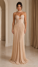 Nude beige ruched strapless evening gown front view