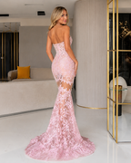 Blush pink strapless lace mermaid dress back view