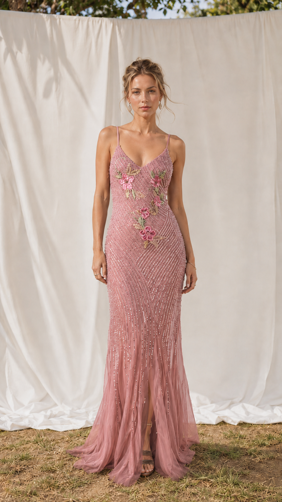 Front view of dusty rose embroidered sequin mermaid maxi dress