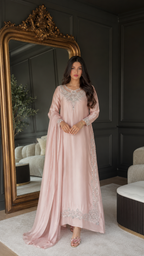 Front view of blush pink embroidered occasion kaftan dress with ornate neckline detail