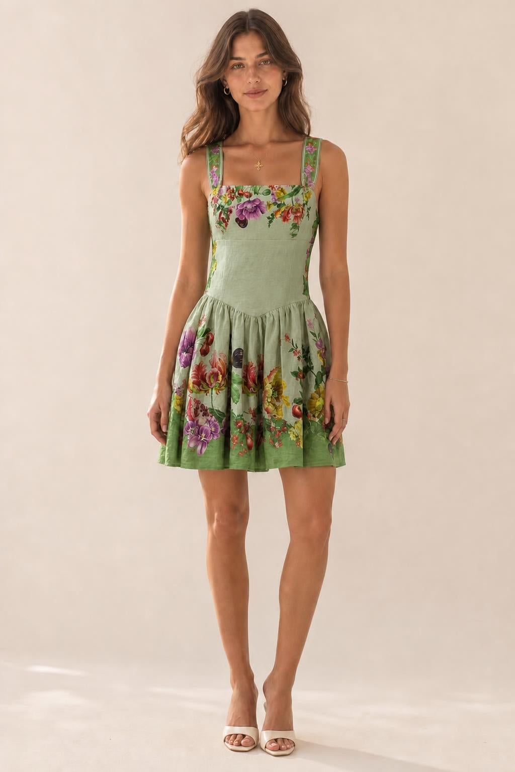 Front view of green botanical print mini dress variant