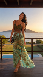 Front angle view of olive printed lace-panel maxi dress with front slit
