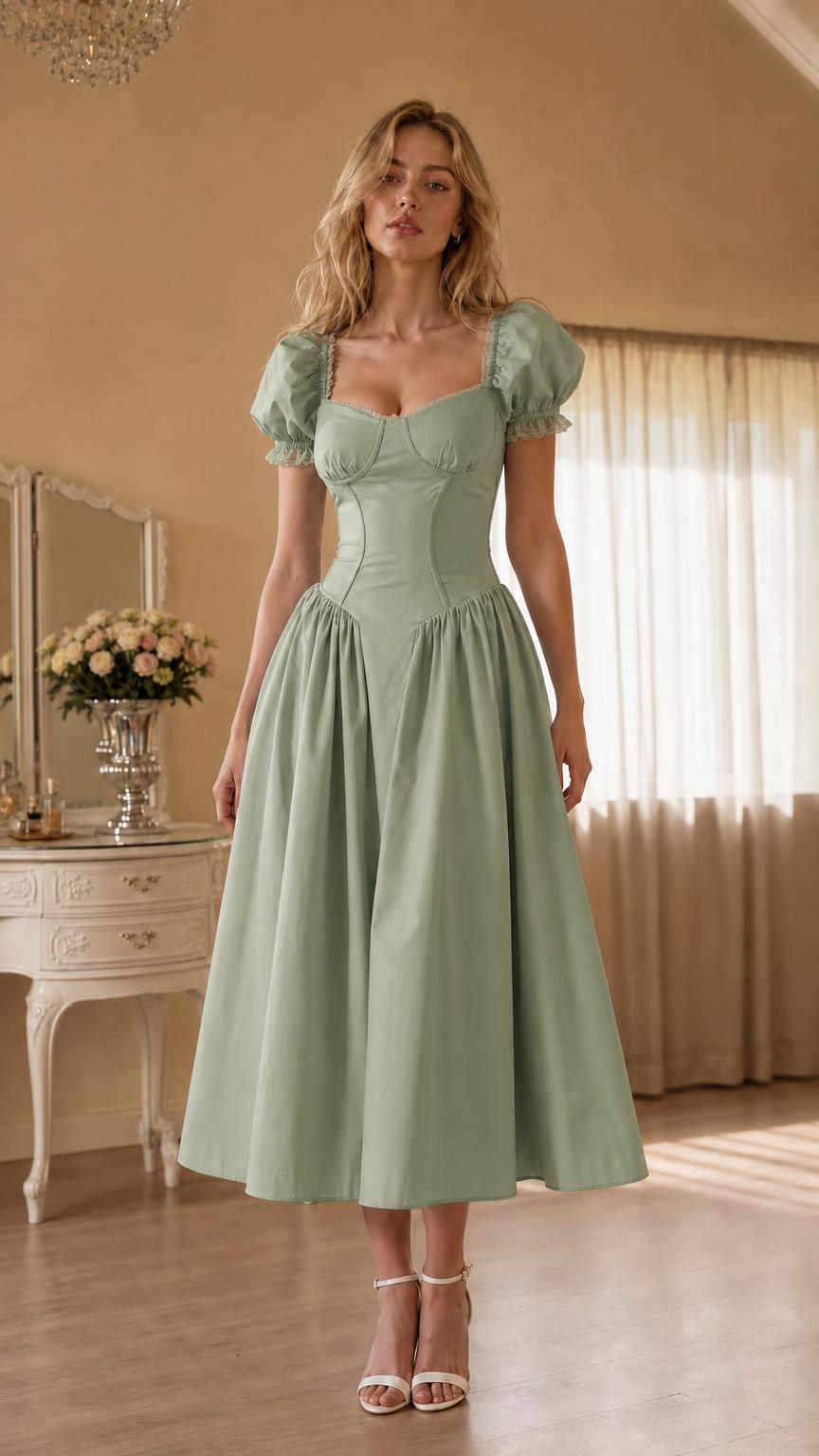 Front view of woman wearing sage green vintage corset midi dress