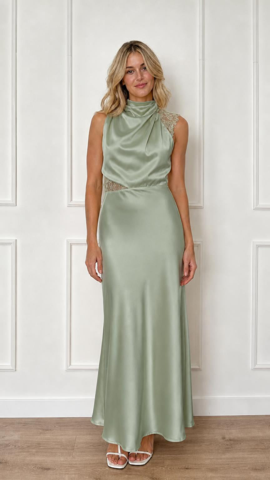 Front view of sage green satin maxi dress