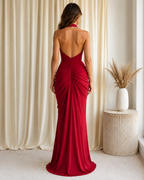 Crimson halter ruched maxi dress open back rear view