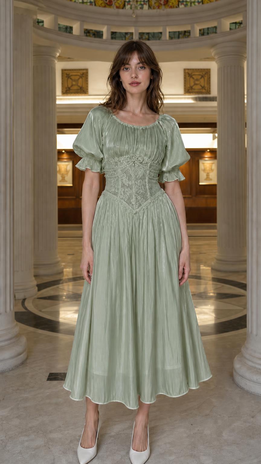 Front view of sage green corset midi dress