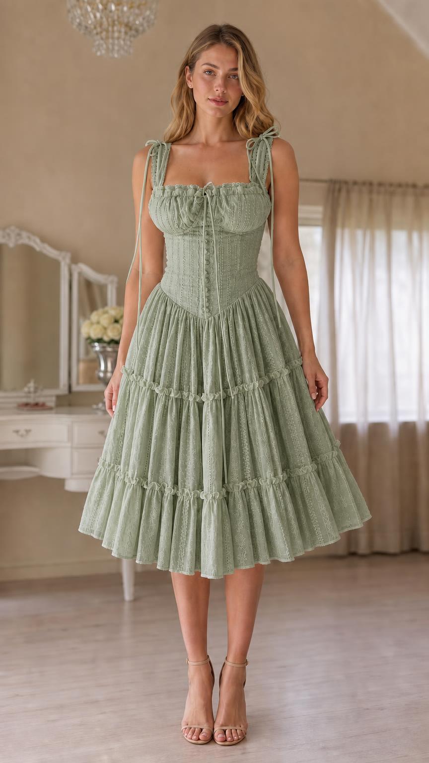 Front view of sage green corset tiered midi dress